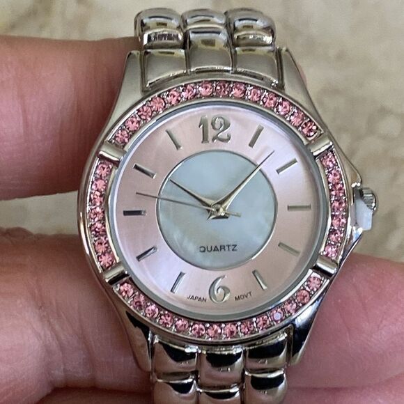 NEW! Quartz Watch Stainless Steel, Pink Crystals - Picture 3 of 11